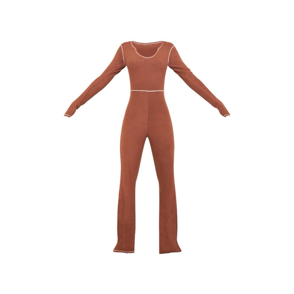 Tall Chocolate Detail Brushed Rib Flared Jumpsuit
